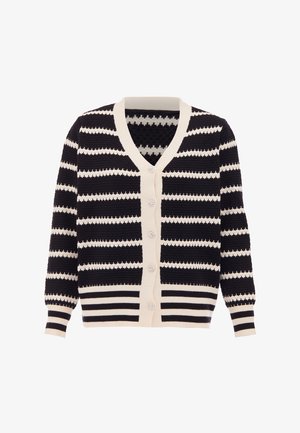 Cardigan striped negru și crem, cu decolteu în V, închidere cu nasturi și material texturat. Dispune de nasturi decorativi și manșete și tiv din tricot.