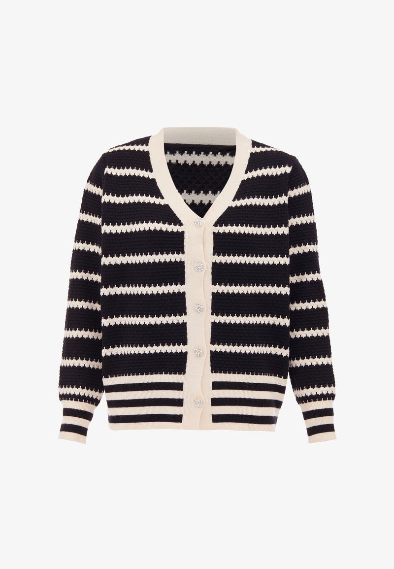 Fekete és krémszínű csíkos kardigán V-nyakkal, gombos záródással és texturált anyaggal. Díszgombokkal és bordázott mandzsettákkal, valamint szegéllyel rendelkezik.