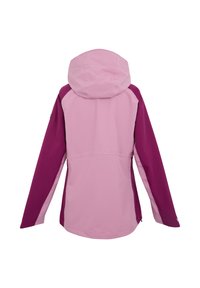 Vue arrière d'une veste à capuche pour femmes avec corps rose clair et manches et panneaux latéraux rose foncé.