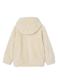Cremfarbener Fleece-Jacket mit Kapuze, aus weichem, strukturiertem Stoff und langen Ärmeln. Der Rücken ist glatt und ungeschmückt.
