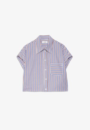 Chemise à manches courtes avec des rayures verticales bleues, brunes et blanches, et une poche avant avec des rayures horizontales.