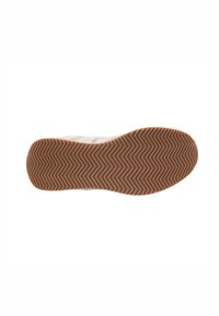 Suela de zapato de goma en marrón con un patrón en zigzag. Parte superior blanca texturizada. Diseño plano sin cordones ni adornos visibles.