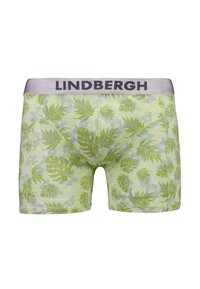 Grønne boxer briefs med et tropisk bladmønster, lyse lilla taljebånd med mærkenavnet "LINDBERGH" i fede bogstaver.