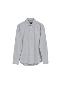 Långärmad skjorta med knäppning i marinblå och vita ränder. Tillverkad i bomull med klassisk krage, ett bröstficka och rundad nederkant.