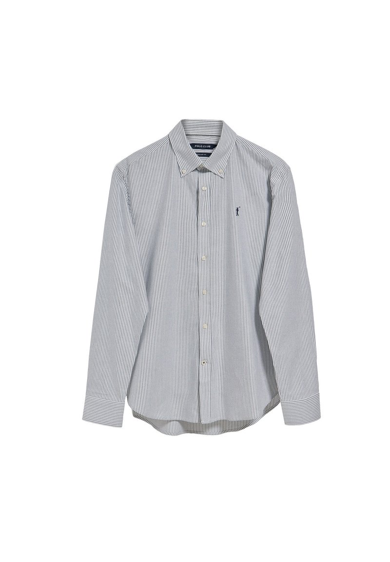 Långärmad skjorta med knäppning i marinblå och vita ränder. Tillverkad i bomull med klassisk krage, ett bröstficka och rundad nederkant.