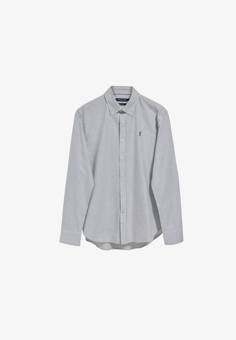 Långärmad skjorta med knäppning i marinblå och vita ränder. Tillverkad i bomull med klassisk krage, ett bröstficka och rundad nederkant.