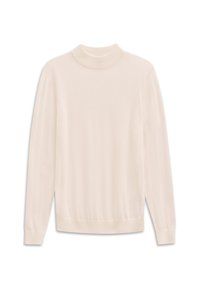 Hellbeige langärmeliger Rollkragenpullover aus glattem, leichtem Stoff mit geripptem Kragen und Bündchen. Einfaches, nahtloses Design.