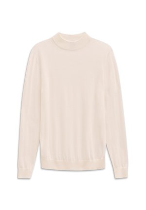 Hellbeige langärmeliger Rollkragenpullover aus glattem, leichtem Stoff mit geripptem Kragen und Bündchen. Einfaches, nahtloses Design.