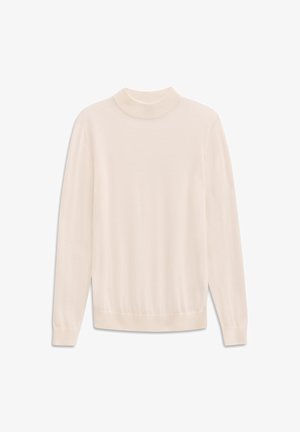 Hellbeige langärmeliger Rollkragenpullover aus glattem, leichtem Stoff mit geripptem Kragen und Bündchen. Einfaches, nahtloses Design.