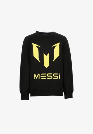 Juodas džemperis su dideliu geltonu logotipu, kuriame yra stilizuota raidė "M" ir žodis "MESSi" moderniu ryškiu šriftu. Ilgos rankovės, apvalus iškirpimas.