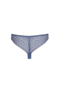 Damesbikiniondergoed van blauw kant met cirkelvormige en zigzagpatronen, voorzien van een geschulpte rand en een klein stuk effen stof als kruisje.