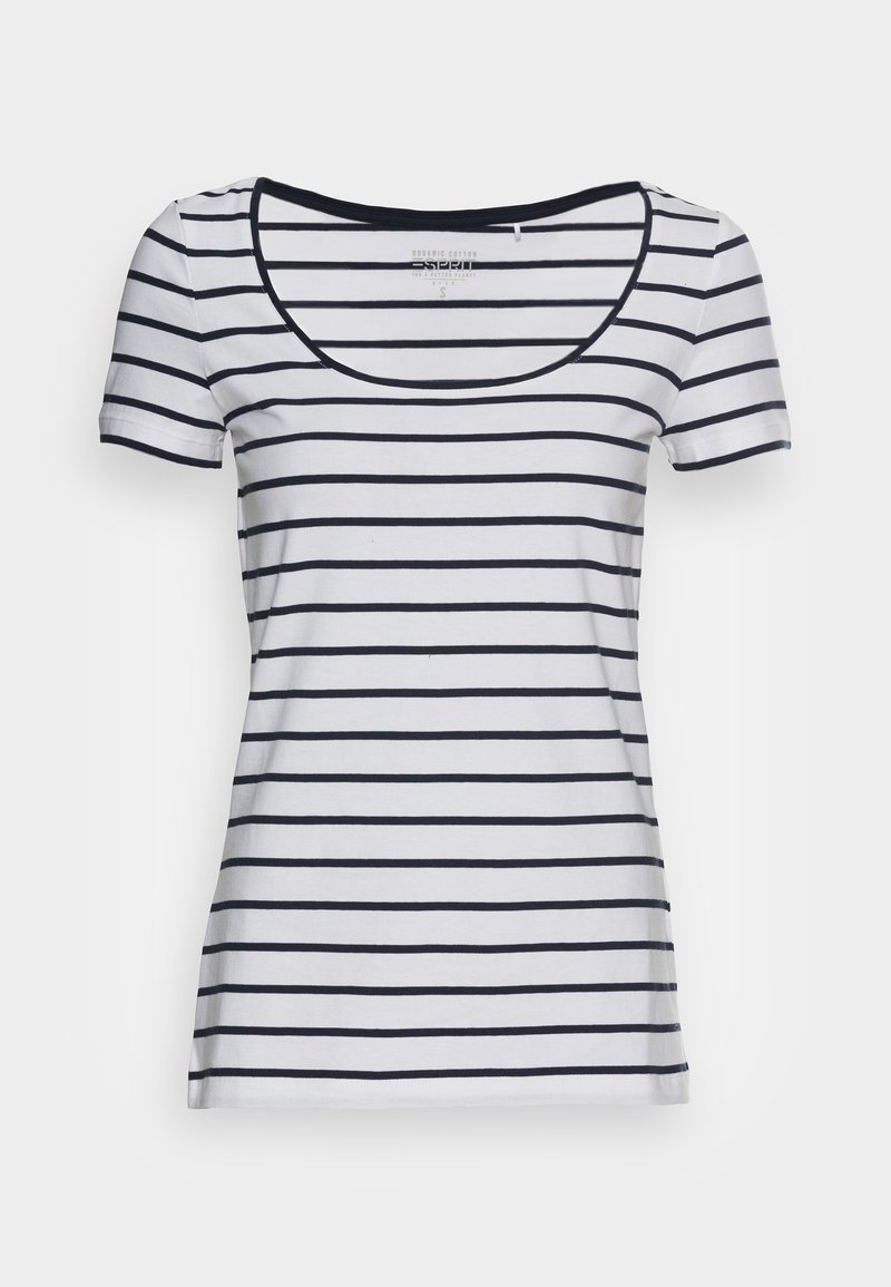 T-shirt blanc à manches courtes avec fines rayures horizontales noires et col rond, présenté sur un fond uni.