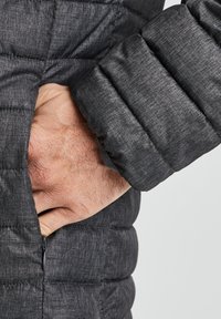 Tessuto del giubbotto imbottito grigio con un motivo trapuntato e testurizzato; presenta una tasca laterale con zip e una manica aderente.