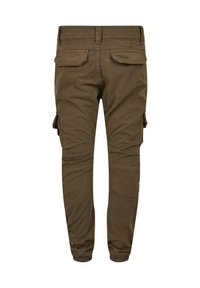 Oliven grønne cargo-bukser med elastiske mansjetter, flere lommer og et glat stoff i bomullsblanding med en lett glanset finish.
