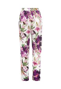 Blumenmuster-Hosen mit weißem Grund und lila, rosa und grünen Blumen. Elastischer Bund, taillierter Schnitt und glatte Stofftextur.