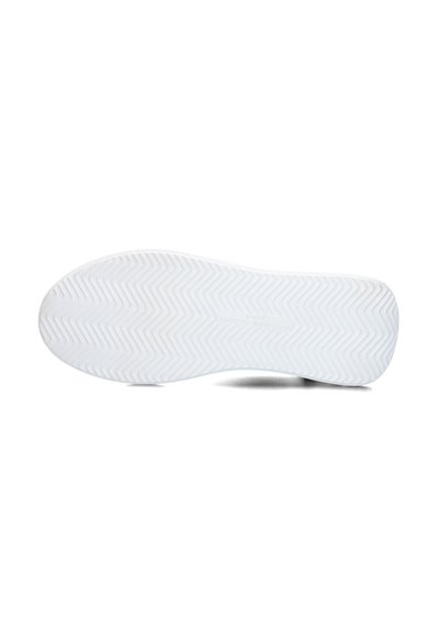 White rubber shoe sole with a herringbone tread pattern. Features a smooth, matte finish with embossed branding near the heel area.