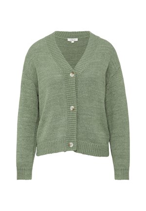 Grüne Strickjacke mit V-Ausschnitt, Knopfschluss, gerippten Bündchen und Saum. Weiche Textur mit offener Vorderseite.