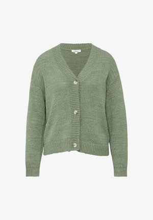 Grüne Strickjacke mit V-Ausschnitt, Knopfschluss, gerippten Bündchen und Saum. Weiche Textur mit offener Vorderseite.