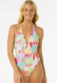 Maillot de bain une pièce avec un motif de feuilles tropicales vif dans des tons de rose, vert et bleu. Design à col halter avec une découpe en trou de serrure et un lien à l'avant.