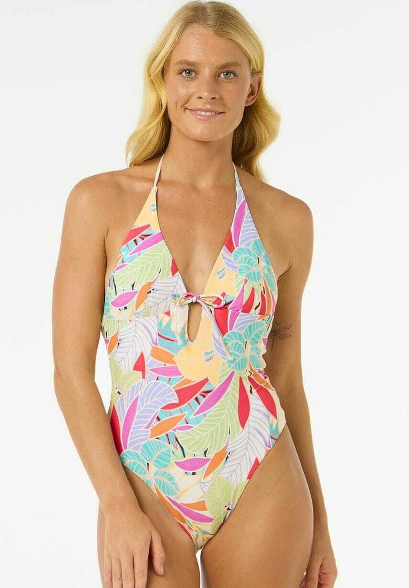 Maillot de bain une pièce avec un motif de feuilles tropicales vif dans des tons de rose, vert et bleu. Design à col halter avec une découpe en trou de serrure et un lien à l'avant.