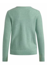 Mintgrüner Pullover, lange Ärmel, runder Halsausschnitt, weiche Textur, gerippte Bündchen und Saum, schlichtes Design, keine sichtbaren Muster oder Akzente.