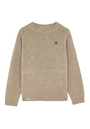 Beige striktrøje med ribstrikkede manchetter, kant og halsudskæring, med lille sort dødningehoved- og korsben-logo på brystet og mærke tak nær kanten.