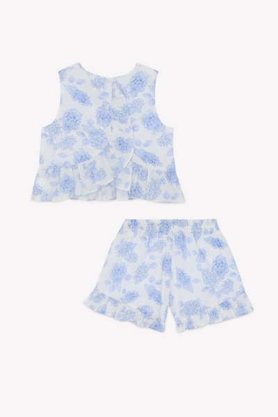 Blomstrete todelt sett som inkluderer en ermeløs topp med volangkant og matchende shorts. Begge er hovedsakelig lyseblå med hvite blomster mønstre.