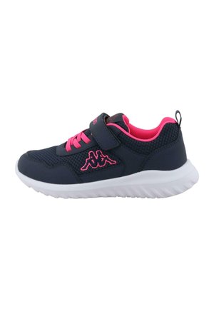 Navy mesh athletic shoes with pink accents, featuring a Velcro strap, round toe, and a white cushioned sole. Kappa logo in pink.
