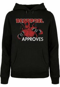 Felpa con cappuccio nera caratterizzata da una stampa grafica di Deadpool che fa le dita in su con la scritta "DEADPOOL APPROVES" in rosso e bianco. Tessuto morbido.