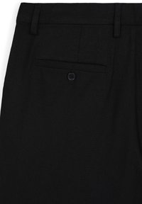 Schwarze Hosen aus einem Stoff mit glatter Textur. Verfügen über eine Gesäßtasche mit einem einzelnen schwarzen Knopf. Maßgeschneiderter Schnitt mit Gürtelschlaufen.