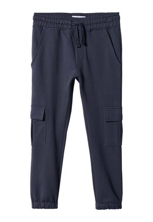 Pantalon cargo jogger bleu marine avec taille élastique, cordon, poches latérales et bas élastiques aux chevilles.