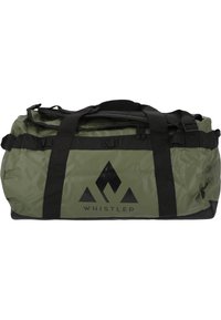 Green waterproof duffel bag with black accents and a large black logo featuring three mountains. Features dual carrying handles and adjustable straps.