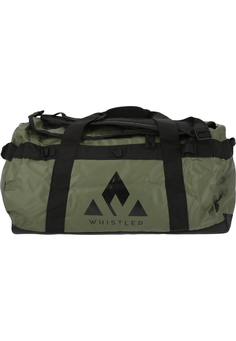 Green waterproof duffel bag with black accents and a large black logo featuring three mountains. Features dual carrying handles and adjustable straps.