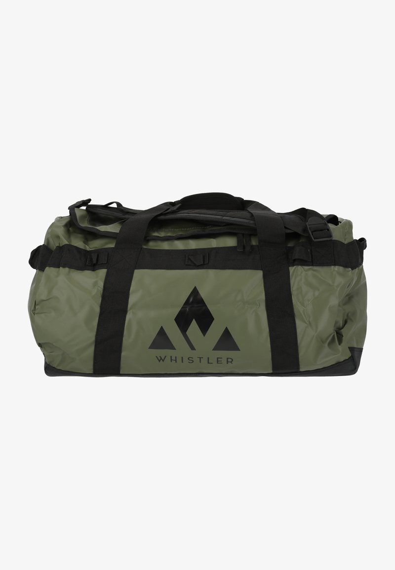 Vihreä vedenpitävä duffel-laukku mustilla yksityiskohdilla ja suurella mustalla logolla, jossa on kolme vuorta. Varustettu kaksilla kantokahvoilla ja säädettävillä hihnoilla.