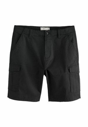 Black cargo shorts with button and zip closure, belt loops, side pockets, and flap pockets on both thighs.