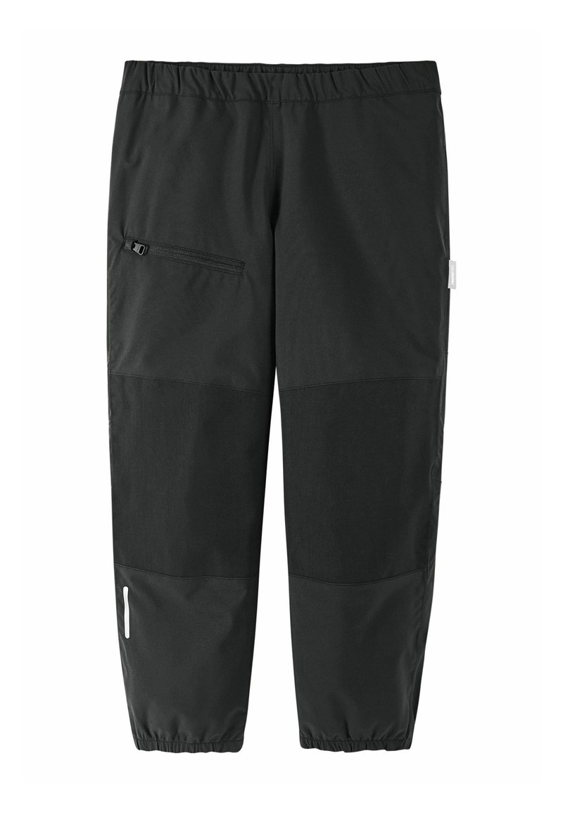 Schwarze, leichte Hosen mit elastischem Bund, seitlichem Reißverschluss-Taschen und kontrastierenden Belägen. Schmal zulaufende Säume mit reflektierenden Details.