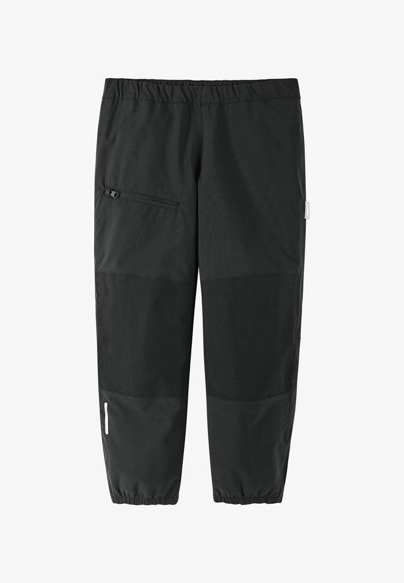 Schwarze, leichte Hosen mit elastischem Bund, seitlichem Reißverschluss-Taschen und kontrastierenden Belägen. Schmal zulaufende Säume mit reflektierenden Details.