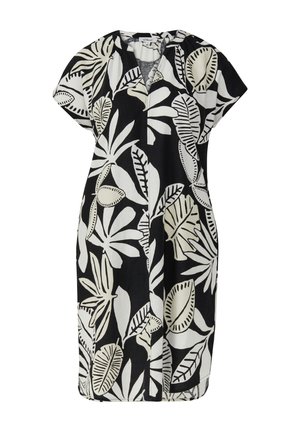 Zwarte jurk met een bladerenpatroon in crème met zwarte omlijning. De jurk heeft korte mouwen en een rechte snit, gemaakt van een lichte stof.