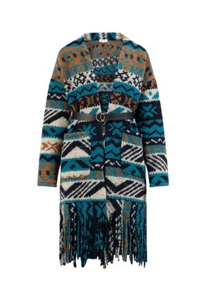 Strikket cardigan med et geometrisk mønster i teal, marineblå, brun og hvid, med frynset kanter, lange ærmer og et sort bælte med rund spænde.