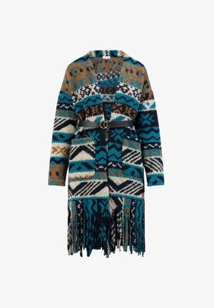 Teal, tengerészkék, barna és fehér színű, geometrikus mintás kötött kardigán, rojtos szélekkel, hosszú ujjal és kerek csattal ellátott fekete övvel.