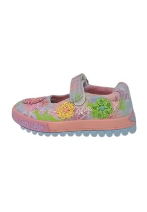 Sneaker pastello per bambini con suola rosa, ricamo floreale, cinturino in velcro e suola testurizzata, con marchio "Lelli Kelly" sul lato.