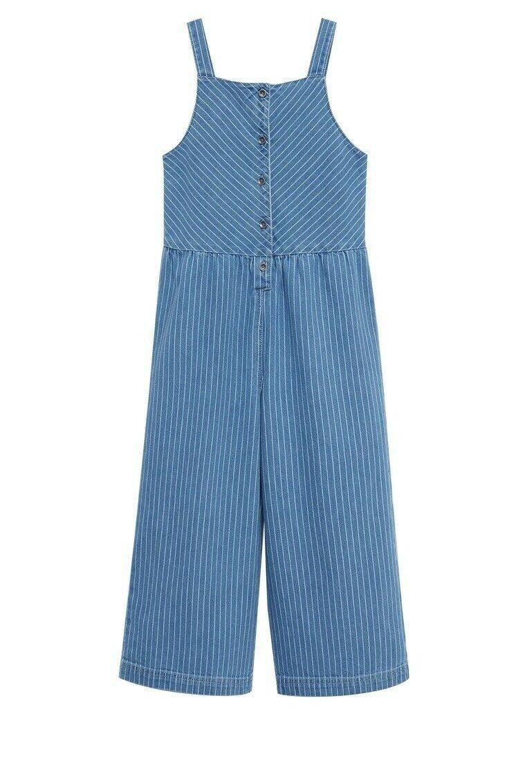 Denim overal s tenkými ramínky, vertikálními modro-bílými pruhy, zapínáním na knoflíky vpředu a širokými nohavicemi. Ležérní textilie s hladkým povrchem.