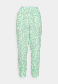 Calças verde menta com um padrão branco ondulado; cintura elástica; pernas ajustadas; tecido leve com uma textura suave.