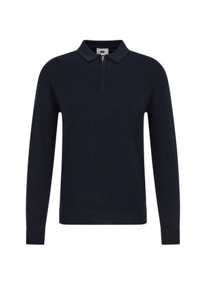 Pull-over bleu marine avec un col zippé, manches longues, poignets et ourlet côtelés, tissu texturé et col avec revers.