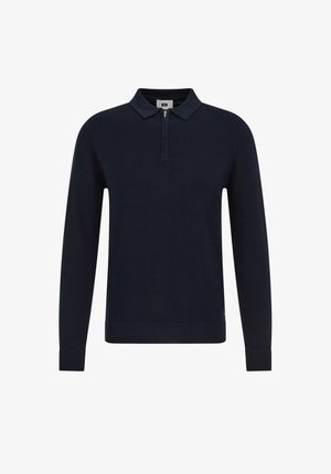 Marineblauwe pullover met een ritssluiting aan de nek, lange mouwen, geribbelde manchetten en zoom, textuureffect in de stof, en een kraag.