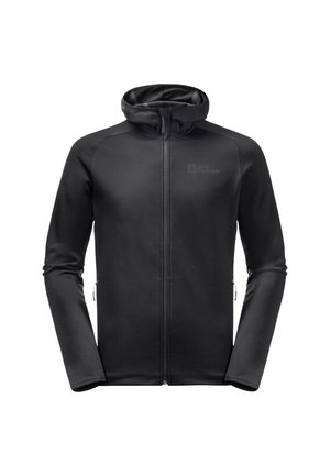 Schwarze Softshelljacke mit Kapuze, Reißverschluss vorne und seitlichen Taschen. Mit langen Ärmeln und einer glatten Textur sowie minimaler Markenkennzeichnung.