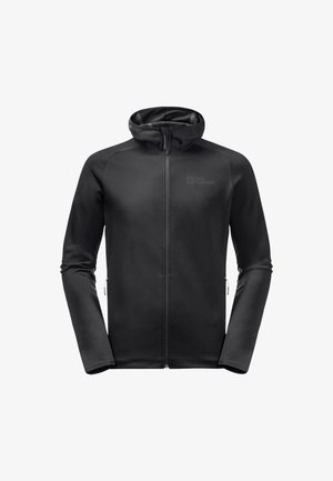 Schwarze Softshelljacke mit Kapuze, Reißverschluss vorne und seitlichen Taschen. Mit langen Ärmeln und einer glatten Textur sowie minimaler Markenkennzeichnung.