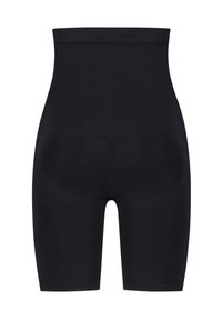 Faja alta en negro, con una textura suave y un diseño ajustado que se extiende hasta la mitad del muslo. Presenta una construcción sin costuras.
