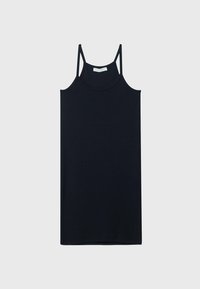 Robe noire sans manches avec un col rond, en tissu lisse, dotée de fines bretelles et d'une coupe droite. Sans motifs ni accents.