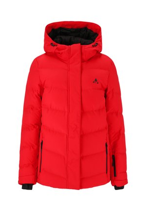Doudoune rouge avec capuche, présentant un design matelassé, des zips noirs et un accent de logo. Texture douce et isolée pour la chaleur.